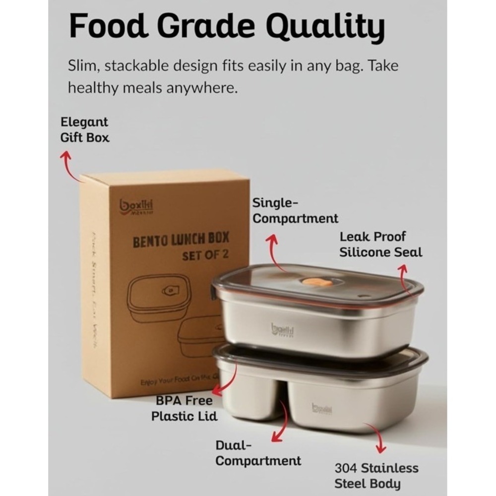 Boxiki Kitchen Bento Lunch Box 2-Piece Set Leakproof Meal Prep Containers NIB
